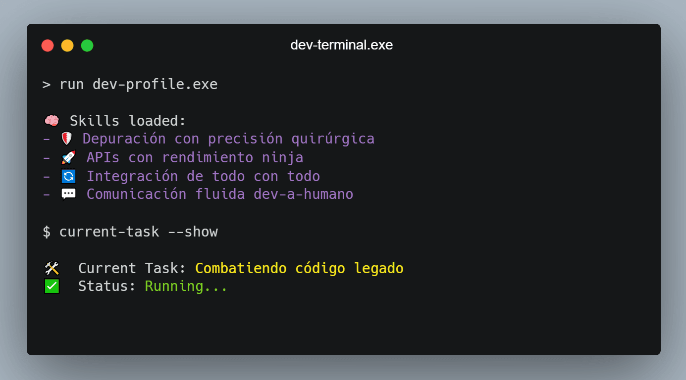 Imagen de un terminal con descripciones humorísticas de un desarrollador web