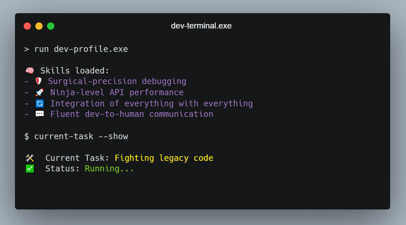 Image of a terminal with humorous descriptions of a web developer