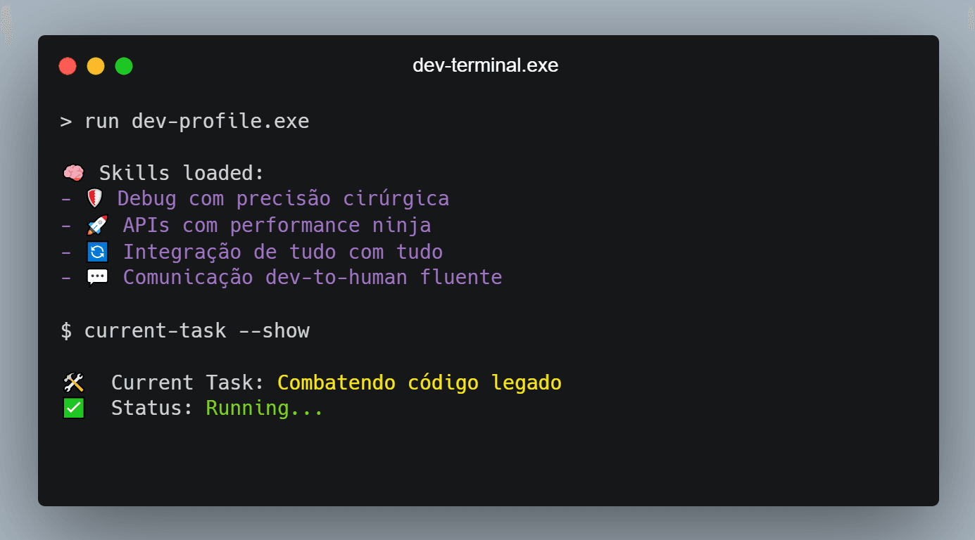 Imagem de um terminal com descrições humorísticas de um desenvolvedor web
